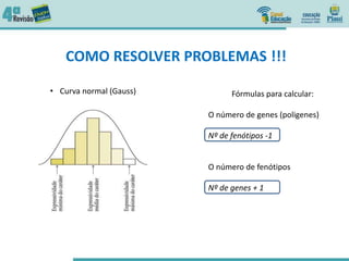 COMO RESOLVER PROBLEMAS !!!
• Curva normal (Gauss) Fórmulas para calcular:
O número de genes (poligenes)
Nº de fenótipos -1
O número de fenótipos
Nº de genes + 1
 