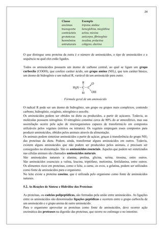 24
O que distingue uma proteína da outra é o número de aminoácidos, o tipo de aminoácidos e a
sequência na qual eles estão ligados.
Todos os aminoácidos possuem um átomo de carbono central, ao qual se ligam um grupo
carboxila (COOH), que confere caráter ácido, um grupo amina (NH2), que tem caráter básico,
um átomo de hidrogênio e um radical R, variável de um aminoácido para outro.
Fórmula geral de um aminoácido
O radical R pode ser um átomo de hidrogênio, um grupo ou grupos mais complexos, contendo
carbono, hidrogênio, oxigênio, nitrogênio e enxofre.
Os aminoácidos podem ser obtidos na dieta ou produzidos, a partir de açúcares. Todavia, as
moléculas possuem nitrogênio. O nitrogênio constitui cerca de 80% do ar atmosférico, mas sua
assimilação ocorre pela ação de microrganismos capazes de transformá-lo em compostos
utilizáveis pelos vegetais (nitritos ou nitratos). Os vegetais empregam esses compostos para
produzir aminoácidos, obtidos pelos animais através da alimentação.
Os animais podem sintetizar aminoácidos a partir de açúcar, graças à transferência do grupo NH2
das proteínas da dieta. Podem, ainda, transformar alguns aminoácidos em outros. Todavia,
existem alguns aminoácidos que não podem ser produzidos pelos animais, e precisam ser
conseguidos na alimentação. São os aminoácidos essenciais. Aqueles que podem ser sintetizados
nas células animais são chamados aminoácidos naturais.
São aminoácidos naturais a alanina, prolina, glicina, serina, tirosina, entre outros.
São aminoácidos essenciais a valina, leucina, triptófano, metionina, fenilalanina, entre outros.
Os alimentos ricos em proteínas, como o leite, a carne, os ovos, a gelatina, podem ser utilizados
como fonte de aminoácidos para o organismo.
No leite existe a proteína caseína, que é utilizada pelo organismo como fonte de aminoácidos
naturais.
5.2. As Reações de Síntese e Hidrólise das Proteínas
As proteínas, ou cadeias polipeptídicas, são formadas pela união entre aminoácidos. As ligações
entre os aminoácidos são denominadas ligações peptídicas e ocorrem entre o grupo carboxila de
um aminoácido e o grupo amina de outro aminoácido.
Para o organismo aproveitar as proteínas como fonte de aminoácidos, deve ocorrer ação
enzimática das proteases na digestão das proteínas, que ocorre no estômago e no intestino.
 