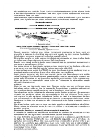 35
são adaptados a essa condição. Porém, o próprio trabalho desses seres, ajudam a formar o solo
e, em solos ainda rasos e compactados, eles darão lugar a outras espécies mais adaptadas,
como a tiririca. Essa, com o seu
desenvolvimento, ajuda a desenvolver um pouco mais o solo e acabará dando lugar a uma outra
planta, como a grama branca e, assim, sucessivamente, como ilustra o esquema a seguir.
Quando queremos implantar uma cultura, normalmente enxergamos os inços como um
empecilho e tratamos de eliminá-los, seja com uma enxada, ou, com venenos (herbicidas).
Agindo assim, sem querer acabamos invertendo a sucessão natural.
Eliminando a serralha e o picão, estamos contribuindo para compactar um pouco o solo e dando
condições para o desenvolvimento do caruru e da língua-de-vaca.
Depois, vem o papuã, a milhã e daqui a pouco nosso solo está tão compactado que aparecem a
guanxuma, a grama branca, a tiririca...
Isso explica porque em determinados campos ou roças predomina um tipo de planta e não outro
e por que em uma roça é tão fácil controlar os inços e em outra é tão difícil.
A palavra-chave nesse sentido é APTIDÃO. Ao longo de milhares de anos, as plantas foram se
adaptando a determinados tipos de solo, clima e interações com o ambiente.
Assim, quando temos um solo ácido, por exemplo, plantas que desenvolveram uma aptidão
natural de desenvolvimento radicular que suporta a acidez, crescem normalmente, enquanto que
outras terão dificuldades em se desenvolver, perdendo na competição, vindo a desaparecer.
Assim, as plantas com essa aptidão natural podem ser "indicadoras" de solos ácidos, quando
são predominantes em um
ambiente.
Muito há para ser descoberto nessa área. Algumas plantas são bem conhecidas como
indicadoras; outras, estão em fase de observação. Enquanto isso, o agricultor ecologista vai
conhecendo as plantas espontâneas de sua roça, e descobrindo o que indicam.
Normalmente as plantas cultivadas são adaptadas a solos férteis e arejados e não conseguem
competir com as plantas nativas, que são adaptadas ao solo que utilizamos. Porém, com o
melhoramento do solo, as plantas cultivadas se "sentem em casa" e se desenvolvem tão bem
que muitos agricultores não vêem problemas em deixar os inços crescerem junto com a cultura.
Geralmente, os inços que ali aparecem são indicadores de solos férteis e arejados, como a
serralha.
Mas é bom lembrar: assim como os inços, nem todas as culturas são adaptadas a solos férteis.
Muitas culturas são adaptadas a solos ácidos e pouco férteis, como a erva mate, a mandioca, o
eucalipto e o pinus.
Observação da natureza e aprendizado permanente de suas lições
A natureza é o modelo mais evoluído que se conhece. As plantas e os animais que ocorrem
naturalmente em uma região têm a seu favor milhões de anos de adaptação.
Ao longo da história, os agricultores também foram evoluindo e se adaptando, aprendendo com
as lições da natureza. Infelizmente, isso está bastante esquecido, com a introdução da
agricultura convencional. Mas o fato é que, quanto mais o nosso jeito de produzir imitar o que
acontece no ecossistema que predomina no lugar ou na região, maior será a biodiversidade e
mais chances vamos ter de produzir sem a necessidade de usar agrotóxicos e com o mínimo de
insumos que vêm de fora da
propriedade, como os adubos.
 