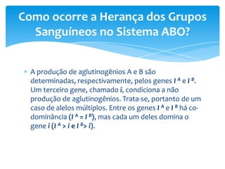 Como ocorre a Herança dos Grupos
  Sanguíneos no Sistema ABO?


  A produção de aglutinogênios A e B são
  determinadas, respectivamente, pelos genes I A e I B.
  Um terceiro gene, chamado i, condiciona a não
  produção de aglutinogênios. Trata-se, portanto de um
  caso de alelos múltiplos. Entre os genes I A e I B há co-
  dominância (I A = I B), mas cada um deles domina o
  gene i (I A > i e I B> i).
 