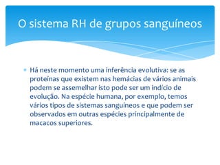 O sistema RH de grupos sanguíneos


  Há neste momento uma inferência evolutiva: se as
  proteínas que existem nas hemácias de vários animais
  podem se assemelhar isto pode ser um indício de
  evolução. Na espécie humana, por exemplo, temos
  vários tipos de sistemas sanguíneos e que podem ser
  observados em outras espécies principalmente de
  macacos superiores.
 
