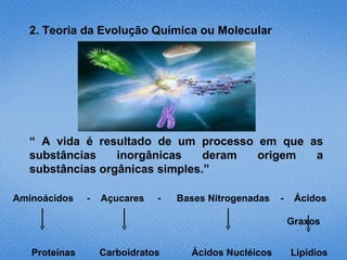 2. Teoria da Evolução Química ou Molecular




  “ A vida é resultado de um processo em que as
  substâncias    inorgânicas    deram origem  a
  substâncias orgânicas simples.”

Aminoácidos    -   Açucares   -   Bases Nitrogenadas   -    Ácidos

                                                           Graxos


   Proteínas       Carboidratos     Ácidos Nucléicos       Lipídios
 