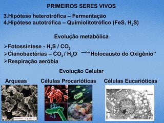 PRIMEIROS SERES VIVOS
3.Hipótese heterotrófica – Fermentação
4.Hipótese autotrófica – Quimiolitotrófico (FeS, H2S)

                   Evolução metabólica
Fotossíntese - H2S / CO2
Cianobactérias – CO2 / H2O     “Holocausto do Oxigênio”
Respiração aeróbia
                     Evolução Celular
Arqueas       Células Procarióticas     Células Eucarióticas
 