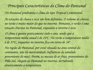 Principais Características do Clima do Pantanal
No Pantanal predomina o clima do tipo Tropical Continental.

As estações de chuva e seca são bem definidas. O volume de chuvas
no verão é muito maior do que no inverno. Portanto, o verão é uma
estação chuvosa no Pantanal, enquanto a inverno é seco.
O clima é quente praticamente todo o ano, sendo que a
temperatura média anual é de 24ºC. No verão a temperatura média
é de 33ºC, enquanto no inverno fica em torno de 16º.
Na região do Pantanal, por estar situada na área central do
continente, não há maritimidade (influência da umidade
proveniente do mar). Porém, as massas de ar frias, provenientes do
Pólo Sul, chegam ao Pantanal no inverno, derrubando
drasticamente a temperatura.

 