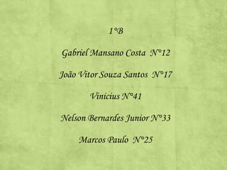 1°B
Gabriel Mansano Costa N°12
João Vitor Souza Santos N°17
Vinicius N°41

Nelson Bernardes Junior N°33
Marcos Paulo N°25

 