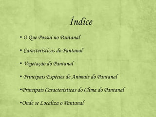 Índice
• O Que Possui no Pantanal
• Características do Pantanal
• Vegetação do Pantanal
• Principais Espécies de Animais do Pantanal
•Principais Características do Clima do Pantanal
•Onde se Localiza o Pantanal

 