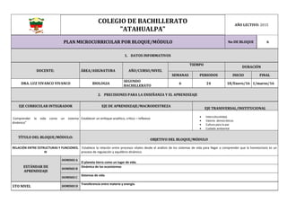 COLEGIO DE BACHILLERATO
"ATAHUALPA"
AÑO LECTIVO: 2015
PLAN MICROCURRICULAR POR BLOQUE/MÓDULO No DE BLOQUE 6
1. DATOS INFORMATIVOS
DOCENTE: ÁREA/ASIGNATURA AÑO/CURSO/NIVEL
TIEMPO
DURACIÓN
SEMANAS PERIODOS INICIO FINAL
DRA. LUZ VIVANCO VIVANCO BIOLOGIA
SEGUNDO
BACHILLERATO
6 24 18/Enero/16 1/marzo/16
2. PRECISIONES PARA LA ENSEÑANZA Y EL APRENDIZAJE
EJE CURRICULAR INTEGRADOR EJE DE APRENDIZAJE/MACRODESTREZA
EJE TRANSVERSAL/INSTITUCIONAL
Comprender la vida como un sistema
dinámico”
Establecer un enfoque analítico, crítico – reflexivo
 Interculturalidad,
 Valores democráticos
 Cultura para la paz
 Cuidado ambiental
TÍTULO DEL BLOQUE/MÓDULO:
OBJETIVO DEL BLOQUE/MÓDULO
RELACIÓN ENTRE ESTRUCTURAS Y FUNCIONES.
III
Establece la relación entre procesos vitales desde el análisis de los sistemas de vida para llegar a comprender que la homeostasis es un
proceso de regulación y equilibrio dinámico.
ESTÁNDAR DE
APRENDIZAJE
DOMINIO A
El planeta tierra como un lugar de vida.
DOMINIO B
Dinámica de los ecosistemas
DOMINIO C
Sistemas de vida
5TO NIVEL DOMINIO D
Transferencia entre materia y energía.
 