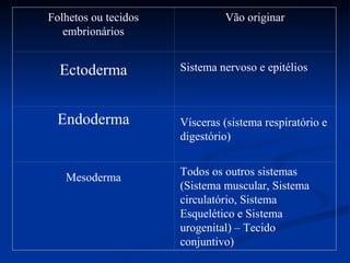 Folhetos ou tecidos
embrionários
Vão originar
Ectoderma Sistema nervoso e epitélios
Endoderma Vísceras (sistema respiratório e
digestório)
Mesoderma
Todos os outros sistemas
(Sistema muscular, Sistema
circulatório, Sistema
Esquelético e Sistema
urogenital) – Tecido
conjuntivo)
 