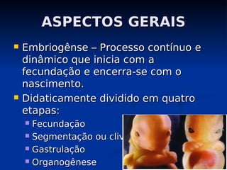 ASPECTOS GERAIS
ASPECTOS GERAIS
 Embriogênse – Processo contínuo e
Embriogênse – Processo contínuo e
dinâmico que inicia com a
dinâmico que inicia com a
fecundação e encerra-se com o
fecundação e encerra-se com o
nascimento.
nascimento.
 Didaticamente dividido em quatro
Didaticamente dividido em quatro
etapas:
etapas:
 Fecundação
Fecundação
 Segmentação ou clivagem
Segmentação ou clivagem
 Gastrulação
Gastrulação
 Organogênese
Organogênese
 