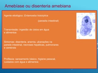 Agente etiológico: Entamoeba histolytica
(parasita intestinal)
Amebíase ou disenteria amebiana
Transmissão: ingestão de cistos em água
e alimentos
Sintomas: disenteria, anemia, ulcerações na
parede intestinal, necroses hepáticas, pulmonares
e cerebrais
Profilaxia: saneamento básico, higiene pessoal,
cuidados com água e alimentos
 