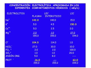 CONCENTRACIÓN ELECTROLÍTICA APROXIMADA EN LOS
DIFERENTES COMPARTIMENTOS HÍDRICOS ( mEq/L)
 
ELECTROLITOS LEC LIC
PLASMA INTERSTICIO
Na+
143.0 140.0 15.0
K+
5.0 4.5 150.0
Ca++
5.0 2.5 2.0
Mg++
2.0 1.0 27.0
155.0 155.0 194.0
Cl‑
104.0 114.0 1.0
HCO3
‑
27.0 30.0 10.0
PO4
-3
2.0 2.0 100.0
SO4
-2
1.0 1.0 20.0
ANIÓN ORG. 5.0 8.0 ----
PROT ‑
16.0 --- 63.0
155.0 155.0 194.0
 