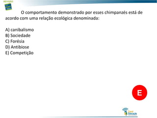 O comportamento demonstrado por esses chimpanzés está de
acordo com uma relação ecológica denominada:
A) canibalismo
B) Sociedade
C) Forésia
D) Antibiose
E) Competição
E
 