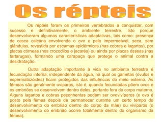 Os répteis Os répteis foram os primeiros vertebrados a conquistar, com sucesso e definitivamente, o ambiente terrestre. Isto porque desenvolveram algumas características adaptativas, tais como: presença de casca calcária envolvendo o ovo e pele impermeável, seca, sem glândulas, revestida por escamas epidérmicas (nas cobras e lagartos), por placas córneas (nos crocodilos e jacarés) ou ainda por placas ósseas (nas tartarugas), formando uma carapaça que protege o animal contra a desidratação. Outra adaptação importante à vida no ambiente terrestre é fecundação interna, independente da água, na qual os gametas (óvulos e espermatozóides) ficam protegidos das influências do meio externo. As fêmeas são geralmente ovíparas, isto é, quando fecundadas põem ovos e os embriões se desenvolvem dentro deles, portanto fora do corpo materno. Alguns lagartos e cobras peçonhentas podem ser ovovivíparos (o ovo é posto pela fêmea depois de permanecer durante um certo tempo do desenvolvimento do embrião dentro do corpo da mãe) ou vivíparos (o desenvolvimento do embrião ocorre totalmente dentro do organismo da fêmea). 