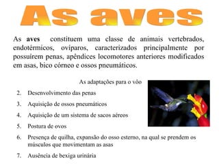 As aves As  aves   constituem uma classe de animais vertebrados, endotérmicos, ovíparos, caracterizados principalmente por possuírem penas, apêndices locomotores anteriores modificados em asas, bico córneo e ossos pneumáticos. As adaptações para o vôo Desenvolvimento das penas  Aquisição de ossos pneumáticos  Aquisição de um sistema de sacos aéreos  Postura de ovos  Presença de quilha, expansão do osso esterno, na qual se prendem os músculos que movimentam as asas  Ausência de bexiga urinária  