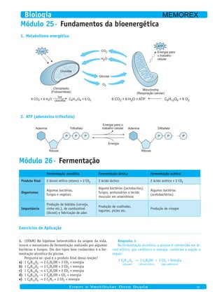 Módulo 25· Fundamentos da bioenergética
Metabolismo energético1.
6 CO2 + 6 H2O + ATP C6H12O6 + 6 O26 CO2 + 6 H2O C6H12O6 + 6 O2
Luz
Cloroplasto
(Fotossíntese)
Mitocôndria
(Respiração celular)
Glicose
ATP
Energia para
o trabalho
celular
clorofila
luz
Clorofila
CO2
O2
H2O
ATP (adenosina trifosfato)2.
Adenina AdeninaTrifosfato Difosfato
Ribose Ribose
Energia para o
trabalho celular
Energia
P P P P P PP
AResposta:
Na fermentação alcoólica, a glicose é convertida em ál-
cool etílico, gás carbônico e energia, conforme a reação a
seguir:
1 2 26 12 6 2 5 2C H O C H OH CO Energia
(glicose)
→ + +
( )álcool etílico (gás caarbônico)
Módulo 26· Fermentação
Fermentação alcoólica Fermentação láctica Fermentação acética
Produto final 2 álcool etílico (etano) + 2 CO2 2 ácido láctico 2 ácido acético + 2 CO2
Organismos
Algumas bactérias,
fungos e vegetais
Alguma bactérias (lactobacilos),
fungos, protozoários e tecido
muscular em anaerobiose
Algumas bactérias
(acetobactérias)
Importância
Produção de bebidas (cerveja,
vinho etc.), de combustível
(álcool) e fabricação de pães
Produção de coalhadas,
iogurtes, picles etc.
Produção de vinagre
Exercícios de Aplicação
(UFAM) Na hipótese heterotrófica da origem da vida,1.
ocorre o mecanismo de fermentação realizado por algumas
bactérias e fungos. Um dos tipos bem conhecidos é a fer-
mentação alcoólica da glicose.
Pergunta-se: qual é o produto final dessa reação?
1 Ca) 6H12O6 → 2 C2H5OH + 2 CO2 + energia
1 Cb) 6H12O6 → 3 C2H5OH + 2 CO2 + energia
1 Cc) 6H12O6 → 4 C2H5OH + 2 CO2 + energia
1 Cd) 6H12O6 → 2 C2H5OH + CO2 + energia
1 Ce) 6H12O6 → 2 C2H5 + 2 CO2 + energia
Biologia
Enem e Vestibular Dose Dupla 16
MEMOREX
 