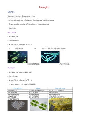Biologia1
Reinos
São organizados de acordo com:

- A quantidade de células. (unicelulares e multicelulares)

- Organização celular. (Procariontes e eucariontes)

- Nutrição.

Monera
- Unicelulares

- Procariontes

- Autotróficos e Heterotróficos

 Ex:       Bactérias              e         Cianobactérias (algas azuis).




                         Heterotróficas.                         Autotróficas

Protista
- Unicelulares e Multicelulares

- Eucariontes

- Autotróficos e heterotróficos

 Ex: Algas inferiores e protozoários

      Protozoário                   Algas                    Mixomicetos
Unicelulares               Uni. e Pluricelulares    Uni. e Pluricelulares
Eucariontes                Eucariontes              Eucariontes
Heterotróficos             Autotróficos             Heterotróficos
Ex:Ameba                   Ex: Clorófita            Ex: Fungos primitivos
trypanossoma
 