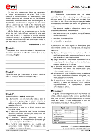 CNB  Biologia  
_________________________________________________________________________________________________________________________ 
___________________________________________________________________________________________________________________________________________________________________________________________________________________________________________________________________________________________________________________________________________________________________________________________________________________________ _____________________________________________________________________________________________________________ 
SEE-AC  Coordenação de Ensino Médio 209 CNB  Biologia  
Por outro lado, há estudos e dados que comprovam 
os efeitos antimetastáticos da Foxy5, que podem 
subsidiar o desenvolvimento de medicamentos para 
conter a metástase dos cânceres. Por ora, os cientistas 
continuarão investindo nessa linha de investigação e 
descartarão a possibilidade de progredir nas pesquisas 
sobre a associação da Foxy5 e do tratamento com 
tamoxifeno, pois não há base confiável para futuros 
estudos. 
Não foi desta vez que as pacientes com o tipo de 
câncer que mais mata no Brasil puderam ter uma nova 
esperança de cura. A incidência da doença continua 
crescendo, em razão de mudanças no estilo de vida das 
mulheres, que têm menos filhos e amamentam menos, o 
que altera seu ciclo hormonal. 
Superinteressante, abr. 2011. 
.7. (AED-SP) 
O tamoxifeno atua sobre uma estrutura da membrana 
plasmática, impedindo sua função normal. Qual é seu 
nome e sua função? 
___________________________________________________ 
___________________________________________________ 
___________________________________________________ 
___________________________________________________ 
___________________________________________________ 
.8. (AED-SP) 
É possível dizer que o tamoxifeno já é capaz de curar 
todos os casos de câncer de mama? Justifique. 
___________________________________________________ 
___________________________________________________ 
___________________________________________________ 
___________________________________________________ 
___________________________________________________ 
.9. (AED-SP) 
Baseado no texto, é possível afirmar que: 
(A) o tamoxifeno é um medicamento indicado para o 
tratamento de qualquer tipo de câncer, pois inibe a 
ação do hormônio estrógeno em todas as células do 
organismo feminino. 
(B) o tamoxifeno só atua em 30% das mulheres com 
câncer de mama. 
(C) a membrana plasmática das células mamárias 
apresenta receptores de estrógeno que podem ser 
bloqueados pelo tamoxifeno. 
(D) o hormônio feminino estrógeno inibe o 
desenvolvimento de células tumorais quando se liga 
aos seus receptores de membrana. 
(E) os tumores mais agressivos são aqueles que 
apresentam maior número de receptores de 
estrógeno em suas membranas. 
.10. (ENEM-MEC) 
O milho-verde recém-colhido tem um sabor 
adocicado. Já o milho-verde comprado na feira, um ou 
dois dias depois de colhido, não é mais tão doce, pois 
cerca de 50% dos carboidratos responsáveis pelo sabor 
adocicado são convertidos em amido nas primeiras 24 
horas. 
Para preservar o sabor do milho-verde, pode-se usar 
o seguinte procedimento em três etapas: 
1. descascar e mergulhar as espigas em água fervente 
por alguns minutos; 
2. resfriá-las em água corrente; 
3. conservá-las na geladeira. 
A preservação do sabor original do milho-verde pelo 
procedimento descrito pode ser explicada pelo seguinte 
argumento: 
(A) O choque térmico converte as proteínas do milho em 
amido até a saturação; este ocupa o lugar do amido 
que seria formado espontaneamente. 
(B) A água fervente e o resfriamento impermeabilizam a 
casca dos grãos de milho, impedindo a difusão de 
oxigênio e a oxidação da glicose. 
(C) As enzimas responsáveis pela conversão desses 
carboidratos em amido são desnaturadas pelo 
tratamento com água quente. 
(D) Microrganismos que convertem esses carboidratos 
em amido, ao retirarem nutrientes dos grãos, são 
destruídos pelo aquecimento. 
(E) O aquecimento desidrata os grãos de milho, 
alterando o meio de dissolução onde ocorreria 
espontaneamente a transformação desses 
carboidratos em amido. 
.11. (ENEM-MEC) 
A água é um dos componentes mais importantes das 
células. A tabela abaixo mostra como a quantidade de 
água varia em seres humanos, dependendo do tipo de 
célula. Em média, a água corresponde a 70% da 
composição química de um indivíduo normal. 
Tipo de célula 
Quantidade 
de água 
Tecido nervoso – substância cinzenta 85% 
Tecido nervoso – substância branca 70% 
Medula óssea 75% 
Tecido conjuntivo 60% 
Tecido adiposo 15% 
Hemácias 65% 
Ossos (sem medula) 20% 
JUNQUEIRA, L. C.; CARNEIRO, J. Histologia Básica. 
8.ª ed., Rio de Janeiro: Guanabara Koogan, 1985. 
 
