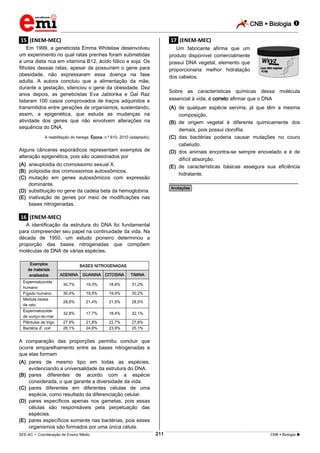 CNB  Biologia  
_________________________________________________________________________________________________________________________ 
___________________________________________________________________________________________________________________________________________________________________________________________________________________________________________________________________________________________________________________________________________________________________________________________________________________________ _____________________________________________________________________________________________________________ 
SEE-AC  Coordenação de Ensino Médio 211 CNB  Biologia  
.15. (ENEM-MEC) 
Em 1999, a geneticista Emma Whitelaw desenvolveu 
um experimento no qual ratas prenhes foram submetidas 
a uma dieta rica em vitamina B12, ácido fólico e soja. Os 
filhotes dessas ratas, apesar de possuírem o gene para 
obesidade, não expressaram essa doença na fase 
adulta. A autora concluiu que a alimentação da mãe, 
durante a gestação, silenciou o gene da obesidade. Dez 
anos depois, as geneticistas Eva Jablonka e Gal Raz 
listaram 100 casos comprovados de traços adquiridos e 
transmitidos entre gerações de organismos, sustentando, 
assim, a epigenética, que estuda as mudanças na 
atividade dos genes que não envolvem alterações na 
sequência do DNA. 
A reabilitação do herege. Época, n.º 610, 2010 (adaptado). 
Alguns cânceres esporádicos representam exemplos de 
alteração epigenética, pois são ocasionados por 
(A) aneuploidia do cromossomo sexual X. 
(B) polipoidia dos cromossomos autossômicos. 
(C) mutação em genes autossômicos com expressão 
dominante. 
(D) substituição no gene da cadeia beta da hemoglobina. 
(E) inativação de genes por meio de modificações nas 
bases nitrogenadas. 
.16. (ENEM-MEC) 
A identificação da estrutura do DNA foi fundamental 
para compreender seu papel na continuidade da vida. Na 
década de 1950, um estudo pioneiro determinou a 
proporção das bases nitrogenadas que compõem 
moléculas de DNA de várias espécies. 
Exemplos 
de materiais 
analisados 
BASES NITROGENADAS 
ADENINA 
GUANINA 
CITOSINA 
TIMINA 
Espermatozoide 
humano 
30,7% 
19,3% 
18,8% 
31,2% 
Fígado humano 30,4% 19,5% 19,9% 30,2% 
Medula óssea 
de rato 
28,6% 
21,4% 
21,5% 
28,5% 
Espermatozoide 
de ouriço-do-mar 
32,8% 
17,7% 
18,4% 
32,1% 
Plântulas de trigo 27,9% 21,8% 22,7% 27,6% 
Bactéria E. coli 26,1% 24,8% 23,9% 25,1% 
A comparação das proporções permitiu concluir que 
ocorre emparelhamento entre as bases nitrogenadas e 
que elas formam 
(A) pares de mesmo tipo em todas as espécies, 
evidenciando a universalidade da estrutura do DNA. 
(B) pares diferentes de acordo com a espécie 
considerada, o que garante a diversidade da vida. 
(C) pares diferentes em diferentes células de uma 
espécie, como resultado da diferenciação celular. 
(D) pares específicos apenas nos gametas, pois essas 
células são responsáveis pela perpetuação das 
espécies. 
(E) pares específicos somente nas bactérias, pois esses 
organismos são formados por uma única célula. 
.17. (ENEM-MEC) 
Um fabricante afirma que um 
produto disponível comercialmente 
possui DNA vegetal, elemento que 
proporcionaria melhor hidratação 
dos cabelos. 
Sobre as características químicas dessa molécula 
essencial à vida, é correto afirmar que o DNA 
(A) de qualquer espécie serviria, já que têm a mesma 
composição. 
(B) de origem vegetal é diferente quimicamente dos 
demais, pois possui clorofila. 
(C) das bactérias poderia causar mutações no couro 
cabeludo. 
(D) dos animais encontra-se sempre enovelado e é de 
difícil absorção. 
(E) de características básicas assegura sua eficiência 
hidratante. 
________________________________________________ 
*Anotações* 
 