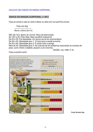 14
CALCULE SEU ÍNDICE DE MASSA CORPORAL.
ÍNDICE DE MASSA CORPORAL = I M C
Faça as contas e veja se você é obeso ou está com uns quilinhos extras.
Peso (em Kg)
Altura x altura (em m)
IMC até 18,5: abaixo do normal. Risco de desnutrição.
De 18,5 a 25: Peso ideal. Mais saudável impossível.
De 25 a 30: Pré-obesidade. Um pouco acima do recomendável.
De 30 a 35: Obesidade grau 1. O risco para a saúde aumenta.
De 35 a 40: Obesidade grau 2. É ainda maior o perigo.
Mais de 40: Obesidade grau 3. As chances de ter problemas associados ao excesso de
peso, como infarto e diabete, passam a ser enormes.
SAÚDE, mar.1999, P. 81.
Faça a escolha certa!
Fonte: Revista Veja
 