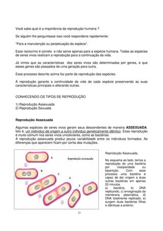 33
Você sabe qual é a importância da reprodução humana ?
Se alguém lhe perguntasse isso você responderia rapidamente:
“Para a manutenção ou perpetuação da espécie”.
Esse raciocínio é correto e não serve apenas para a espécie humana. Todas as espécies
de seres vivos realizam a reprodução para a continuação da vida.
Já vimos que as características dos seres vivos são determinadas por genes, e que
esses genes são passados de uma geração para outra.
Esse processo descrito acima faz parte da reprodução das espécies.
A reprodução garante a continuidade da vida de cada espécie preservando as suas
características principais e alterando outras.
CONHECENDO OS TIPOS DE REPRODUÇÃO
1) Reprodução Assexuada
2) Reprodução Sexuada
Reprodução Assexuada
Algumas espécies de seres vivos geram seus descendentes de maneira ASSEXUADA.
Isto é, um indivíduo dá origem a outro indivíduo geneticamente idêntico. Essa reprodução
é muito comum nos seres vivos unicelulares, como as bactérias.
A reprodução assexuada produz pouca variabilidade entre os indivíduos formados. As
diferenças que aparecem ficam por conta das mutações.
Reprodução Assexuada.
No esquema ao lado, temos a
reprodução de uma bactéria
por cissiparidade ou
bipartição. Com esse
processo uma bactéria é
capaz de dar origem a duas
outras bactérias em apenas
20 minutos.
a) bactéria, b) DNA
replicando, c) envaginação da
membrana plasmática, d)
DNA totalmente replicado, e)
surgem duas bactérias filhas
e idênticas a anterior.
 