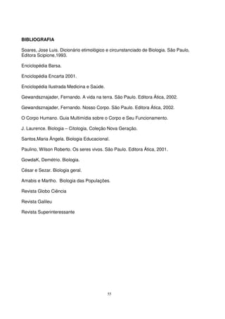 55
BIBLIOGRAFIA
Soares, Jose Luis. Dicionário etimológico e circunstanciado de Biologia. São Paulo,
Editora Scipione,1993.
Enciclopédia Barsa.
Enciclopédia Encarta 2001.
Enciclopédia Ilustrada Medicina e Saúde.
Gewandsznajader, Fernando. A vida na terra. São Paulo. Editora Ática, 2002.
Gewandsznajader, Fernando. Nosso Corpo. São Paulo. Editora Ática, 2002.
O Corpo Humano. Guia Multimídia sobre o Corpo e Seu Funcionamento.
J. Laurence. Biologia – Citologia, Coleção Nova Geração.
Santos,Maria Ângela. Biologia Educacional.
Paulino, Wilson Roberto. Os seres vivos. São Paulo. Editora Ática, 2001.
GowdaK, Demétrio. Biologia.
César e Sezar. Biologia geral.
Amabis e Martho. Biologia das Populações.
Revista Globo Ciência
Revista Galileu
Revista Superinteressante
 