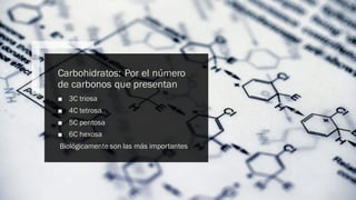 Internal
Carbohidratos: Por el número
de carbonos que presentan
■ 3C triosa
■ 4C tetrosa
■ 5C pentosa
■ 6C hexosa
Biológicamente son las más importantes
 