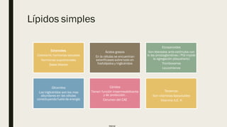 Internal
Lípidos simples
Esteroides.
Colesterol, hormonas sexuales
Hormonas suprarrenales
Sales biliares
Ácidos grasos
En la células se encuentran
esterificases sobre todo en
fosfolípidos y triglicéridos
Eicosanoides
Son liberados ante estímulos con
lo las prostaglandinas ( PGI impide
la agregación plaquetario)
Tromboxanos
Leucotrienos
Gliceridos
Los triglicéridos son los mas
abundares en las células
constituyendo fuete de energía
Céridos
Tienen función impermeabilizante
y de protección.
Cerumen del CAE
Terpenos:
Son vitaminas liposolubles
Vitamina A,E, K
 