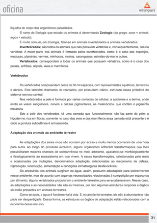31 
oficina 
líquidos do corpo dos organismos parasitados. 
O ramo da Biologia que estuda os animais é denominado Zoologia (do grego: zoon = animal; 
logos = estudo). 
É muito comum, em Zoologia, falar-se em animais invertebrados e animais vertebrados: 
Invertebrados: são todos os animais que não possuem vértebras e, consequentemente, coluna 
vertebral. A maior parte dos animais é formada pelos invertebrados, como é o caso das esponjas, 
medusas, planárias, vermes, minhocas, insetos, caranguejos, estrelas-do-mar e outros. 
Vertebrados: correspondem a todos os animais que possuem vértebras, como é o caso dos 
peixes, anfíbios, répteis, aves e mamíferos. 
Vertebrados 
Os vertebrados compreendem cerca de 50 mil espécies, com representantes aquáticos, terrestres 
e aéreos. Eles também chamados de craniados, por possuírem crânio, estrutura óssea protetora do 
sistema nervoso central. 
Nos vertebrados a pele é formada por várias camadas de células: a epiderme e a derme, onde 
estão os vasos sanguíneos, nervos e células pigmentares, os melanócitos, que contêm o pigmento 
melanina. 
Sob a pele dos vertebrados há uma camada que funcionalmente não faz parte da pele: a 
hipoderme, rica em fibras; somente no caso das aves e dos mamíferos essa camada está presente e é 
onde a gordura subcutânea é armazenada. 
Adaptação dos animais ao ambiente terrestre 
As adaptações dos seres vivos não ocorrem por acaso e muito menos ocorreram de uma hora 
para outra. Ao longo do processo evolutivo, alguns organismos sofreram transformações que lhes 
possibilitaram maiores chances de sobrevivência no meio ambiente, ajustando-se morfologicamente 
e fisiologicamente ao ecossistema em que vivem. A essas transformações, selecionadas pelo meio 
e ocasionadas por mutações, denominamos adaptação, relacionadas ao mecanismo de defesa, 
reprodução, locomoção, alimentação e condições climatológicas desfavoráveis. 
Os ancestrais dos animais surgiram na água, assim, possuem adaptações para sobreviverem 
nesse ambiente, mas de acordo com algumas necessidades relacionadas à competição por espaço ou 
por alimento, alguns vertebrados procuraram o ambiente terrestre para se estabelecerem. Nesse caso, 
as adaptações e as necessidades não são as mesmas, por isso algumas estruturas corporais e órgãos 
só estão presentes em animais terrestres. 
Como se sabe, a água é fundamental à vida. E, no ambiente terrestre, ela não é abundante e não 
pode ser desperdiçada. Dessa forma, as estruturas ou órgãos de adaptação estão relacionados com a 
economia desse recurso. 
 