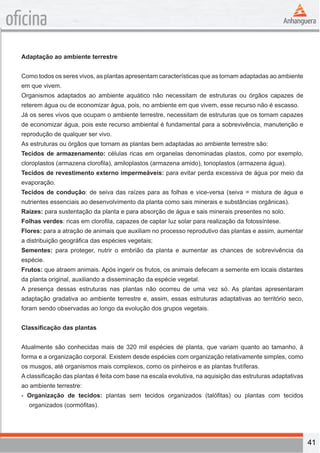 41 
oficina 
Adaptação ao ambiente terrestre 
Como todos os seres vivos, as plantas apresentam características que as tornam adaptadas ao ambiente 
em que vivem. 
Organismos adaptados ao ambiente aquático não necessitam de estruturas ou órgãos capazes de 
reterem água ou de economizar água, pois, no ambiente em que vivem, esse recurso não é escasso. 
Já os seres vivos que ocupam o ambiente terrestre, necessitam de estruturas que os tornam capazes 
de economizar água, pois este recurso ambiental é fundamental para a sobrevivência, manutenção e 
reprodução de qualquer ser vivo. 
As estruturas ou órgãos que tornam as plantas bem adaptadas ao ambiente terrestre são: 
Tecidos de armazenamento: células ricas em organelas denominadas plastos, como por exemplo, 
cloroplastos (armazena clorofila), amiloplastos (armazena amido), tonoplastos (armazena água). 
Tecidos de revestimento externo impermeáveis: para evitar perda excessiva de água por meio da 
evaporação. 
Tecidos de condução: de seiva das raízes para as folhas e vice-versa (seiva = mistura de água e 
nutrientes essenciais ao desenvolvimento da planta como sais minerais e substâncias orgânicas). 
Raízes: para sustentação da planta e para absorção de água e sais minerais presentes no solo. 
Folhas verdes: ricas em clorofila, capazes de captar luz solar para realização da fotossíntese. 
Flores: para a atração de animais que auxiliam no processo reprodutivo das plantas e assim, aumentar 
a distribuição geográfica das espécies vegetais; 
Sementes: para proteger, nutrir o embrião da planta e aumentar as chances de sobrevivência da 
espécie. 
Frutos: que atraem animais. Após ingerir os frutos, os animais defecam a semente em locais distantes 
da planta original, auxiliando a disseminação da espécie vegetal. 
A presença dessas estruturas nas plantas não ocorreu de uma vez só. As plantas apresentaram 
adaptação gradativa ao ambiente terrestre e, assim, essas estruturas adaptativas ao território seco, 
foram sendo observadas ao longo da evolução dos grupos vegetais. 
Classificação das plantas 
Atualmente são conhecidas mais de 320 mil espécies de planta, que variam quanto ao tamanho, à 
forma e a organização corporal. Existem desde espécies com organização relativamente simples, como 
os musgos, até organismos mais complexos, como os pinheiros e as plantas frutíferas. 
A classificação das plantas é feita com base na escala evolutiva, na aquisição das estruturas adaptativas 
ao ambiente terrestre: 
- Organização de tecidos: plantas sem tecidos organizados (talófitas) ou plantas com tecidos 
organizados (cormófitas). 
 