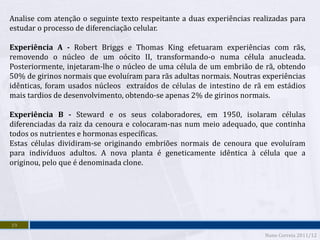 Analise com atenção o seguinte texto respeitante a duas experiências realizadas para
estudar o processo de diferenciação celular.

Experiência A - Robert Briggs e Thomas King efetuaram experiências com rãs,
removendo o núcleo de um oócito II, transformando-o numa célula anucleada.
Posteriormente, injetaram-lhe o núcleo de uma célula de um embrião de rã, obtendo
50% de girinos normais que evoluíram para rãs adultas normais. Noutras experiências
idênticas, foram usados núcleos extraídos de células de intestino de rã em estádios
mais tardios de desenvolvimento, obtendo-se apenas 2% de girinos normais.

Experiência B - Steward e os seus colaboradores, em 1950, isolaram células
diferenciadas da raiz da cenoura e colocaram-nas num meio adequado, que continha
todos os nutrientes e hormonas específicas.
Estas células dividiram-se originando embriões normais de cenoura que evoluíram
para indivíduos adultos. A nova planta é geneticamente idêntica à célula que a
originou, pelo que é denominada clone.




19
                                                                        Nuno Correia 2011/12
 