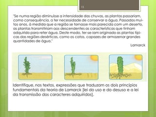 15


"Se numa região diminuísse a intensidade das chuvas, as plantas passariam,
como consequência, a ter necessidade de conservar a água. Passados mui-
tos anos, à medida que a região se tornasse mais parecida com um deserto,
as plantas transmitiriam aos descendentes as características que tinham
adquirido para reter água. Deste modo, ter-se-iam originado as plantas típi-
cas das regiões desérticas, como os catos, capazes de armazenar grandes
quantidades de água."
                                                                     Lamarck




Identifique, nos textos, expressões que traduzam os dois princípios
fundamentais da teoria de Lamarck [lei do uso e do desuso e a lei
da transmissão dos caracteres adquiridos].



                                                                Nuno Correia 2011/12
 