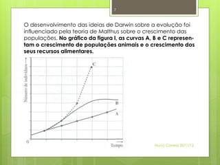 7



O desenvolvimento das ideias de Darwin sobre a evolução foi
influenciado pela teoria de Malthus sobre o crescimento das
populações. No gráfico da figura l, as curvas A, B e C represen-
tam o crescimento de populações animais e o crescimento dos
seus recursos alimentares.




                                                 Nuno Correia 2011/12
 