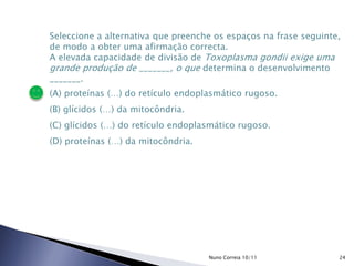Seleccione a alternativa que preenche os espaços na frase seguinte,
de modo a obter uma afirmação correcta.
A elevada capacidade de divisão de Toxoplasma gondii exige uma
grande produção de _______, o que determina o desenvolvimento
_______.
(A) proteínas (…) do retículo endoplasmático rugoso.
(B) glícidos (…) da mitocôndria.
(C) glícidos (…) do retículo endoplasmático rugoso.
(D) proteínas (…) da mitocôndria.
24Nuno Correia 10/11
 