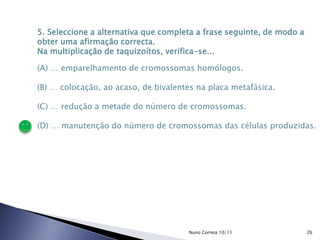 5. Seleccione a alternativa que completa a frase seguinte, de modo a
obter uma afirmação correcta.
Na multiplicação de taquizoítos, verifica-se...
(A) … emparelhamento de cromossomas homólogos.
(B) … colocação, ao acaso, de bivalentes na placa metafásica.
(C) … redução a metade do número de cromossomas.
(D) … manutenção do número de cromossomas das células produzidas.
26Nuno Correia 10/11
 