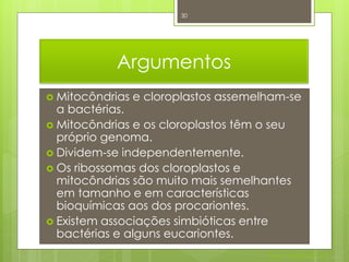 30




            Argumentos
 Mitocôndrias   e cloroplastos assemelham-se
  a bactérias.
 Mitocôndrias e os cloroplastos têm o seu
  próprio genoma.
 Dividem-se independentemente.
 Os ribossomas dos cloroplastos e
  mitocôndrias são muito mais semelhantes
  em tamanho e em características
  bioquímicas aos dos procariontes.
 Existem associações simbióticas entre
  bactérias e alguns eucariontes.
                                       Nuno Correia 2011/12
 