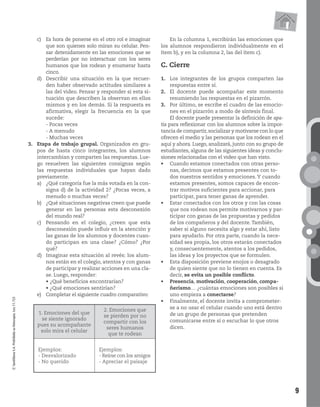 9
©SantillanaS.A.Prohibidasufotocopia.Ley11.723
1. Emociones del que
se siente ignorado
pues su acompañante
solo mira el celular
2. Emociones que
se pierden por no
compartir con los
seres humanos
que te rodean
Ejemplos:
- Desvalorizado
- No querido
Ejemplos:
- Reírse con los amigos
- Apreciar el paisaje
c) Es hora de ponerse en el otro rol e imaginar
que son quienes solo miran su celular. Pen-
sar detenidamente en las emociones que se
perderían por no interactuar con los seres
humanos que los rodean y enumerar hasta
cinco.
d) Describir una situación en la que recuer-
den haber observado actitudes similares a
las del video. Pensar y responder si esta si-
tuación que describen la observan en ellos
mismos y en los demás. Si la respuesta es
afirmativa, elegir la frecuencia en la que
sucede:
- Pocas veces
- A menudo
- Muchas veces
3. Etapa de trabajo grupal. Organizados en gru-
pos de hasta cinco integrantes, los alumnos
intercambian y comparten las respuestas. Lue-
go resuelven las siguientes consignas según
las respuestas individuales que hayan dado
previamente.
a) ¿Qué categoría fue la más votada en la con-
signa d) de la actividad 2? ¿Pocas veces, a
menudo o muchas veces?
b) ¿Qué situaciones negativas creen que puede
generar en las personas esta desconexión
del mundo real?
c) Pensando en el colegio, ¿creen que esta
desconexión puede influir en la atención y
las ganas de los alumnos y docentes cuan-
do participan en una clase? ¿Cómo? ¿Por
qué?
d) Imaginar esta situación al revés: los alum-
nos están en el colegio, atentos y con ganas
de participar y realizar acciones en una cla-
se. Luego, responder:
e) Completar el siguiente cuadro comparativo:
En la columna 1, escribirán las emociones que
los alumnos respondieron individualmente en el
ítem b), y en la columna 2, las del ítem c).
C. Cierre
1. Los integrantes de los grupos comparten las
respuestas entre sí.
2. El docente puede acompañar este momento
resumiendo las respuestas en el pizarrón.
3. Por último, se escribe el cuadro de las emocio-
nes en el pizarrón a modo de síntesis final.
El docente puede presentar la definición de apa-
tía para reflexionar con los alumnos sobre la impor-
tancia de compartir,socializar y motivarse con lo que
ofrecen el medio y las personas que los rodean en el
aquí y ahora. Luego, analizará, junto con su grupo de
estudiantes, alguna de las siguientes ideas y conclu-
siones relacionadas con el video que han visto.
estamos conectados con otras perso-
nas, decimos que estamos presentes con to-
dos nuestros sentidos y emociones. Y cuando
estamos presentes, somos capaces de encon-
trar motivos suficientes para accionar, para
participar, para tener ganas de aprender.
r conectados con los otros y con las cosas
que nos rodean nos permite motivarnos y par-
ticipar con ganas de las propuestas y pedidos
de los compañeros y del docente. También,
saber si alguno necesita algo y estar ahí, listo
para ayudarlo. Por otra parte, cuando la nece-
sidad sea propia, los otros estarán conectados
y, consecuentemente, atentos a los pedidos,
las ideas y los proyectos que se formulen.
disposición previene enojos o desagrado
de quien siente que no lo tienen en cuenta. Es
decir, se evita un posible conflicto.
Presencia, motivación, cooperación, compa-
ñerismo… ¿cuántas emociones son posibles si
uno empieza a conectarse?
e, el docente invita a comprometer-
se a no usar el celular cuando uno está dentro
de un grupo de personas que pretenden
comunicarse entre sí o escuchar lo que otros
dicen.
 