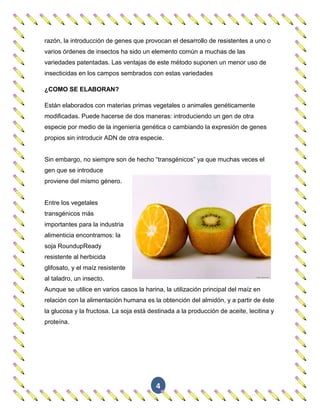 razón, la introducción de genes que provocan el desarrollo de resistentes a uno o
varios órdenes de insectos ha sido un elemento común a muchas de las
variedades patentadas. Las ventajas de este método suponen un menor uso de
insecticidas en los campos sembrados con estas variedades

¿COMO SE ELABORAN?

Están elaborados con materias primas vegetales o animales genéticamente
modificadas. Puede hacerse de dos maneras: introduciendo un gen de otra
especie por medio de la ingeniería genética o cambiando la expresión de genes
propios sin introducir ADN de otra especie.


Sin embargo, no siempre son de hecho “transgénicos” ya que muchas veces el
gen que se introduce
proviene del mismo género.


Entre los vegetales
transgénicos más
importantes para la industria
alimenticia encontramos: la
soja RoundupReady
resistente al herbicida
glifosato, y el maíz resistente
al taladro, un insecto.
Aunque se utilice en varios casos la harina, la utilización principal del maíz en
relación con la alimentación humana es la obtención del almidón, y a partir de éste
la glucosa y la fructosa. La soja está destinada a la producción de aceite, lecitina y
proteína.




                                         4
 