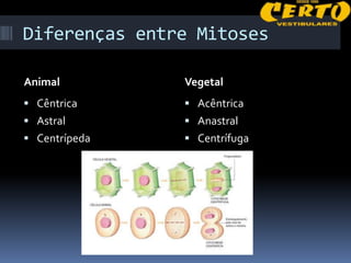 Diferenças entre Mitoses

Animal         Vegetal
 Cêntrica      Acêntrica
 Astral        Anastral
 Centrípeda    Centrífuga
 