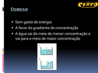 Osmose

 Sem gasto de energia
 A favor do gradiente de concentração
 A água sai do meio de menor concentração e
  vai para o meio de maior concentração
 