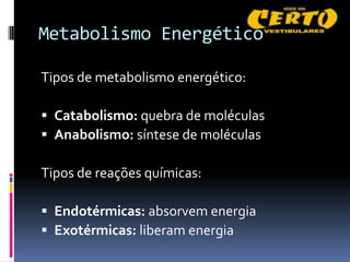Metabolismo Energético

Tipos de metabolismo energético:

 Catabolismo: quebra de moléculas
 Anabolismo: síntese de moléculas

Tipos de reações químicas:

 Endotérmicas: absorvem energia
 Exotérmicas: liberam energia
 