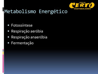 Metabolismo Energético

  Fotossíntese
  Respiração aeróbia
  Respiração anaeróbia
  Fermentação
 