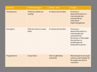 Hormona Tecido de origem Tecido – alvo Função
Testosterona Testículo (células de
Leydig)
A maioria dos tecidos Promove o
desenvolvimento e a
manutenção das
características
masculinas
Espermatogénese
Estrogénio Folículo ovárico e corpo
lúteo
A maioria dos tecidos Promove o
desenvolvimento e a
manutenção das
características
femininas, a maturação
dos oócitos e a
proliferação do
endométrio uterino
Progesterona Corpo lúteo Útero e glândulas
mamárias
Manutenção da secreção
uterina e estimulação da
formação dos ductos
mamários
 