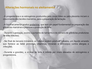 Alterações hormonais no aleitamento
- A progesterona e os estrogénios produzidos pelo corpo lúteo ou pela placenta iniciam o
crescimento dos tecidos mamários, para a preparação da lactação.
- A hipófise anterior produz prolactina, que tem um papel fundamental na preparação das
glândulas mamárias e promove a produção de leite.
- Durante a gestação, ocorre o aumento do tamanho e do número de glândulas produtoras
de leite (lóbulos).
- No final do terceiro trimestre, os lóbulos podem produzir colostro, um líquido amarelo
que fornece ao bebé proteínas, vitaminas, minerais e anticorpos contra alergias e
infecções.
- Durante a gravidez, a síntese de leite é inibida por níveis elevados de estrogénios e
progesterona.
 