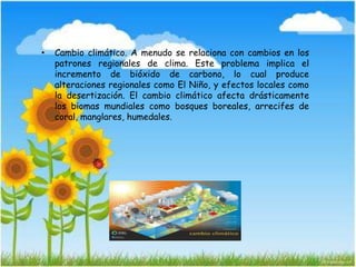• Cambio climático. A menudo se relaciona con cambios en los
patrones regionales de clima. Este problema implica el
incremento de bióxido de carbono, lo cual produce
alteraciones regionales como El Niño, y efectos locales como
la desertización. El cambio climático afecta drásticamente
los biomas mundiales como bosques boreales, arrecifes de
coral, manglares, humedales.
 