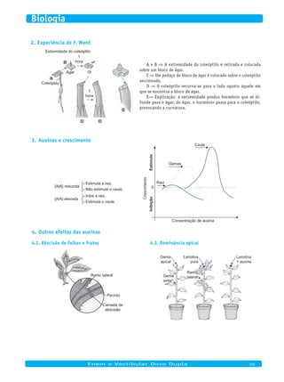 Experiência de F. Went2.
Extremidade do coleóptilo
Coleóptilo
Ágar
1
hora
1
hora
A
B
C D
E
A e B ⇒ A extremidade do coleóptilo é retirada e colocada
sobre um bloco de ágar.
C ⇒ Um pedaço do bloco de ágar é colocado sobre o coleóptilo
seccionado.
D ⇒ O coleóptilo recurva-se para o lado oposto àquele em
que se encontra o bloco de ágar.
E⇒ Explicação: a extremidade produz hormônio que se di-
funde para o ágar; do ágar, o hormônio passa para o coleóptilo,
provocando a curvatura.
Outros efeitos das auxinas4.
Abscisão de folhas e frutos4.1.
Ramo lateral
Camada de
abscisão
Pecíolo
Dominância apical4.3.
Gema
apical
Gema
axilar
Lanolina
pura
Ramo
lateral
Lanolina
+ auxina
Auxinas e crescimento3.
Estimula a raiz.
[AIA] reduzida
[AIA] elevada
Não estimula o caule.
Inibe a raiz.
Estimula o caule.
0
InibiçãoEstímulo
Crescimento
Concentração de auxina
Raiz
Gemas
Caule
	
Enem e Vestibular Dose Dupla 106
Biologia
 