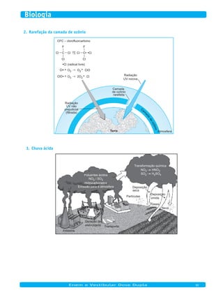 Rarefação da camada de ozônio2.
Camada
de ozônio
rarefeita
Radiação
UV nociva
Radiação
UV não
prejudicial
(filtrada)
Terra Atmosfera
Cam
ada
deozônio
prejudicial
Terra
Cam
ada
d
Terra
F
C UVCl
Cl
Cl
F
CCl
Cl
Cl
CFC – clorofluorcarbono
(radical livre)Cl
O3 CO2
+ + lOCl
O3
+ C2O2
+ lClO
Chuva ácida3.
Transformação química
NO2 HNO3
SO2 H2SO4
Deposição
seca
Deposição
úmida
Transporte
Geração de
eletricidade
Indústria
Hidrocarbonetos
Emissão para a atmosfera
Gases
Poluentes ácidos
NO2 / SO2
Neve
Partículas
	
Enem e Vestibular Dose Dupla 90
Biologia
 