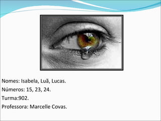 Nomes: Isabela, Luã, Lucas. Números: 15, 23, 24. Turma:902. Professora: Marcelle Covas. 