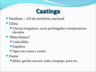 CaatingaCaatinga
Nordeste – 11% do território nacional
Clima
Chuvas irregulares, secas prolongadas e temperaturas
elevadas
“Mata branca”
Caducifólia
Espinhos
Água nas raízes e caules
Fauna
Jibóia, gavião-carcará, cutia, tatupepa, preá etc.
 