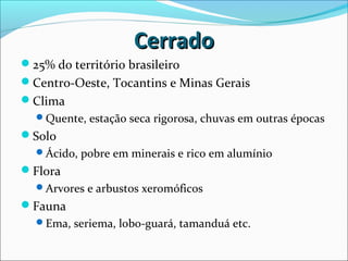 CerradoCerrado
25% do território brasileiro
Centro-Oeste, Tocantins e Minas Gerais
Clima
Quente, estação seca rigorosa, chuvas em outras épocas
Solo
Ácido, pobre em minerais e rico em alumínio
Flora
Arvores e arbustos xeromóficos
Fauna
Ema, seriema, lobo-guará, tamanduá etc.
 