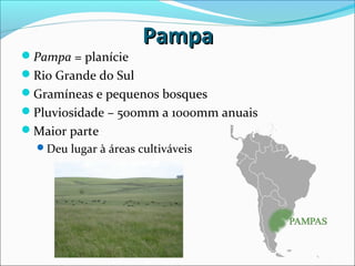 PampaPampa
Pampa = planície
Rio Grande do Sul
Gramíneas e pequenos bosques
Pluviosidade – 500mm a 1000mm anuais
Maior parte
Deu lugar à áreas cultiváveis
 